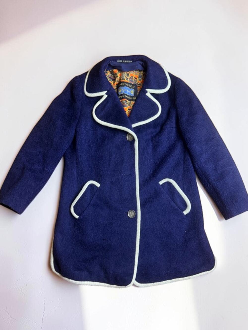 Vintage 1970s Lodenfrey Navy Blue White Piping Austria Wool Jacket Retro M